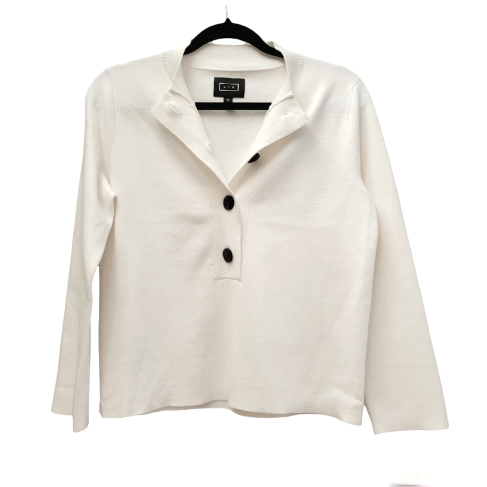 AYR Mock Neck Button Pullover White Sweater Wool Blend